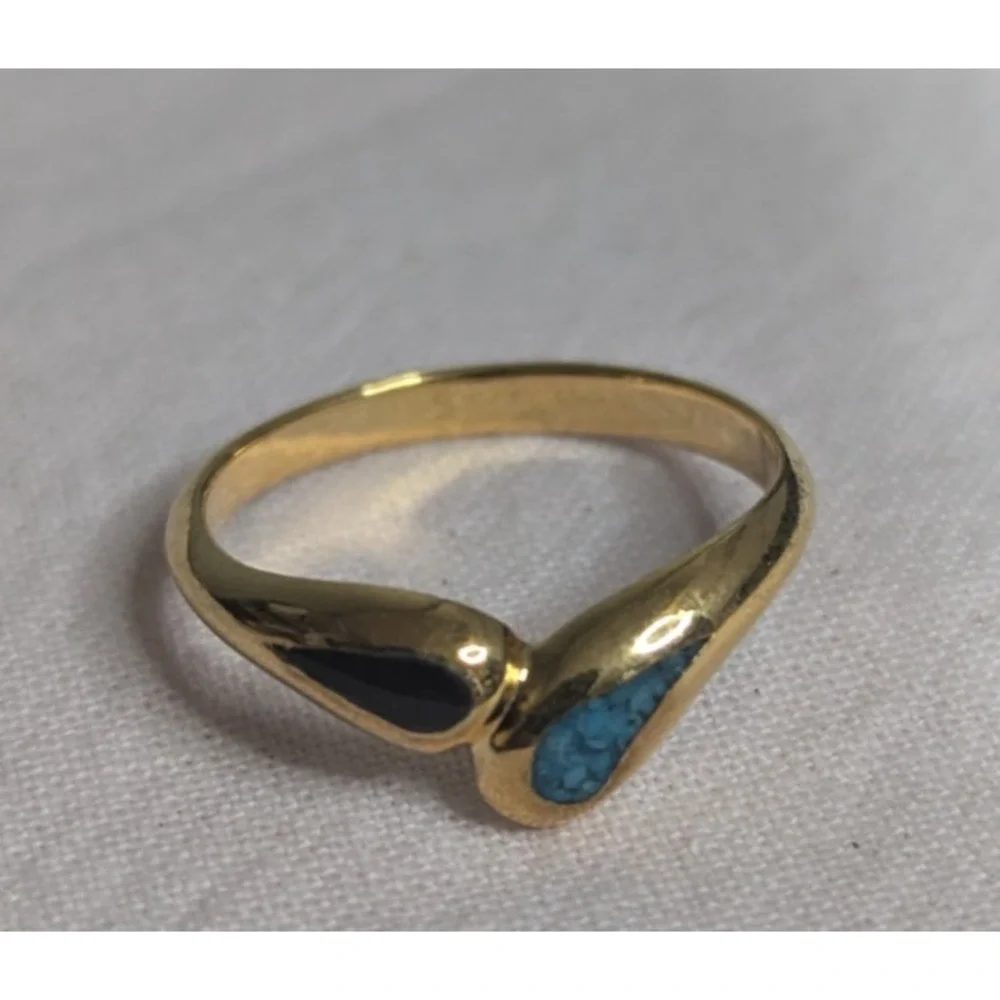 Connecting Teardrop turquoise black inlay Womens‎ gold ring size 5 unisex mens
